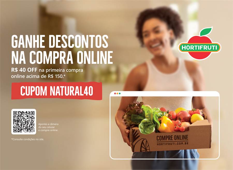 Banner de loja física divulgando a compra online da Hortifruti Natural da Terra.